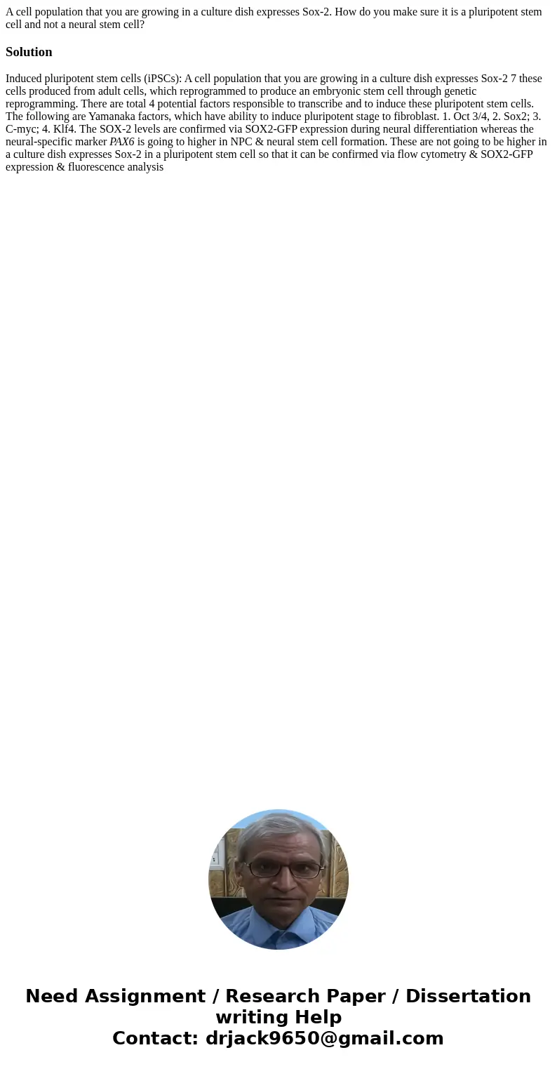 A cell population that you are growing in a culture dish expresses Sox-2. How do you make sure it is a pluripotent stem cell and not a neural stem cell?Solution A cell population that you are growing in a culture dish expresses Sox-2. How do you make sure it is a pluripotent stem cell and not a neural stem cell?Solution