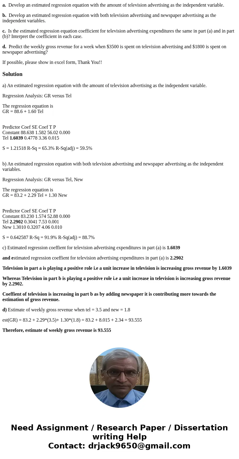 a. Develop an estimated regression equation with the amount of television advertising as the independent variable. b. Develop an estimated regression equation w a. Develop an estimated regression equation with the amount of television advertising as the independent variable. b. Develop an estimated regression equation w