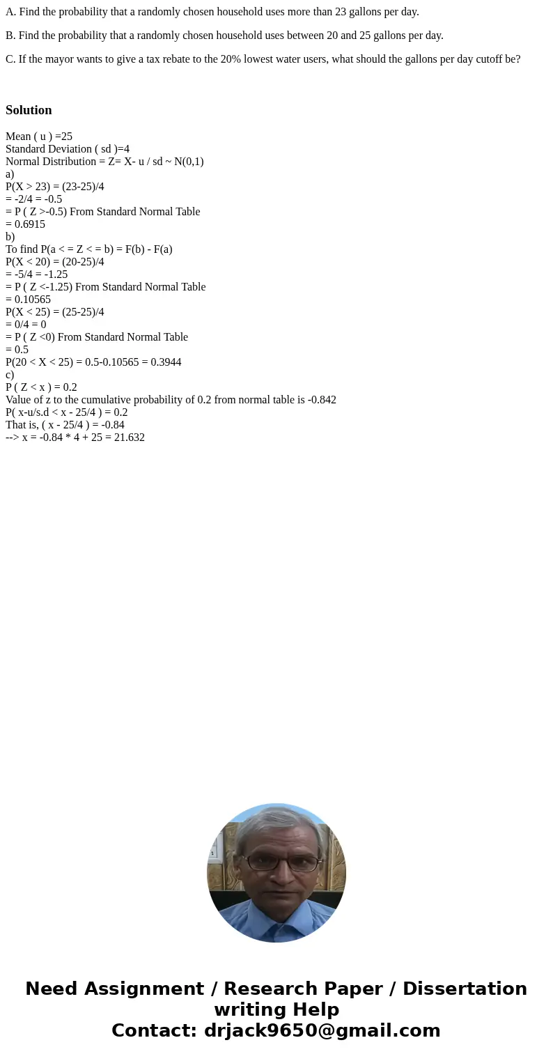 A. Find the probability that a randomly chosen household uses more than 23 gallons per day. B. Find the probability that a randomly chosen household uses betwee A. Find the probability that a randomly chosen household uses more than 23 gallons per day. B. Find the probability that a randomly chosen household uses betwee