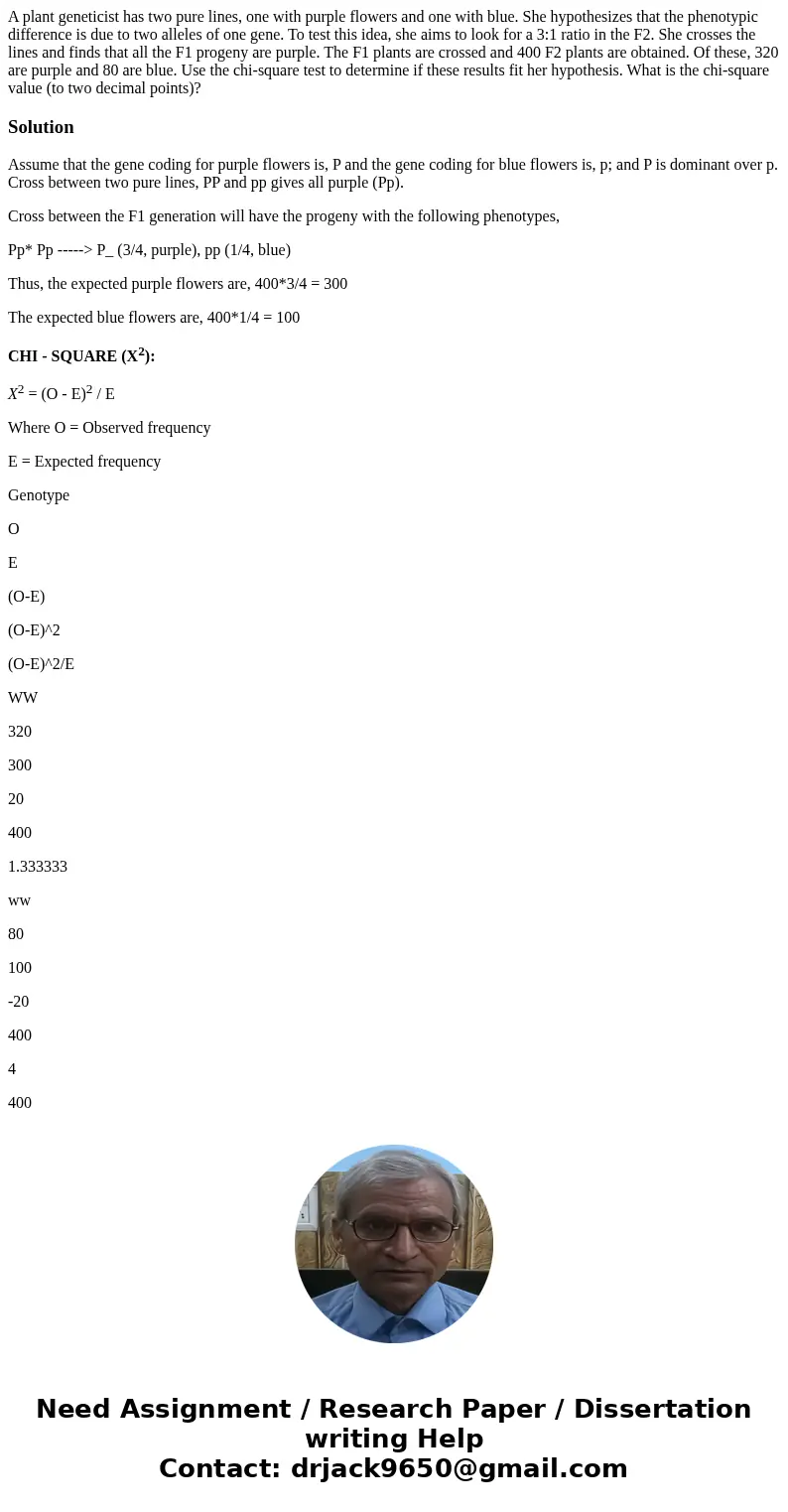 A plant geneticist has two pure lines, one with purple flowers and one with blue. She hypothesizes that the phenotypic difference is due to two alleles of one g A plant geneticist has two pure lines, one with purple flowers and one with blue. She hypothesizes that the phenotypic difference is due to two alleles of one g