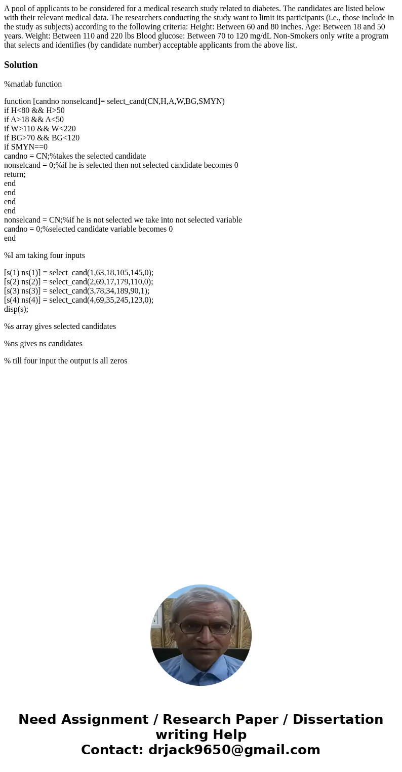A pool of applicants to be considered for a medical research study related to diabetes. The candidates are listed below with their relevant medical data. The r  A pool of applicants to be considered for a medical research study related to diabetes. The candidates are listed below with their relevant medical data. The r