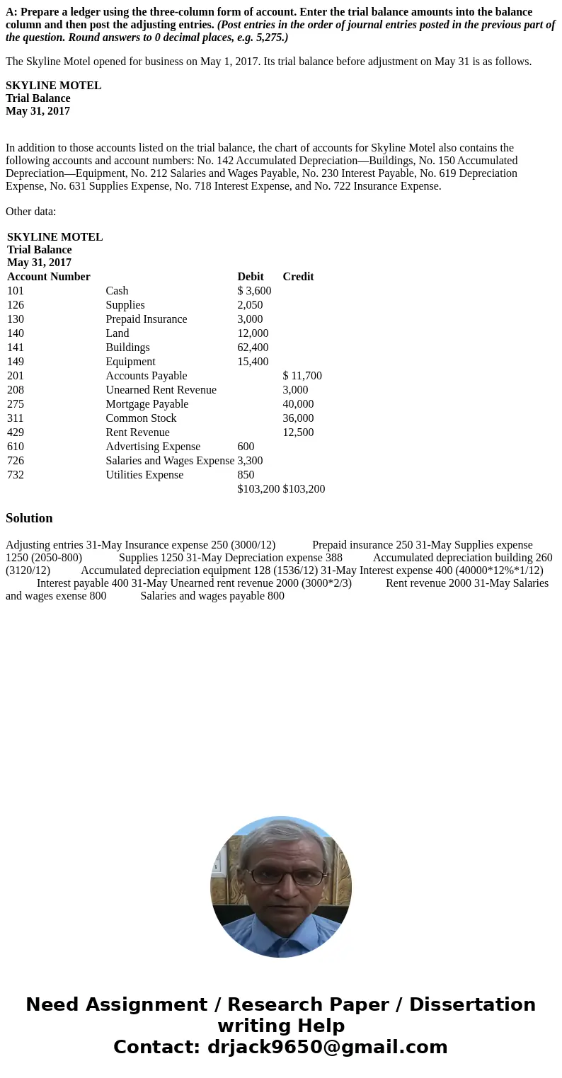 A: Prepare a ledger using the three-column form of account. Enter the trial balance amounts into the balance column and then post the adjusting entries. (Post e