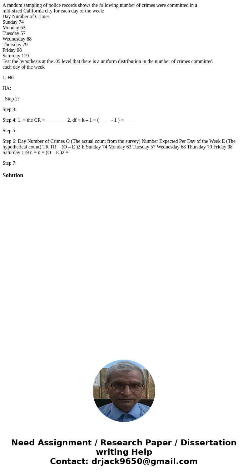 A random sampling of police records shows the following number of crimes were committed in a mid-sized California city for each day of the week: Day Number of C A random sampling of police records shows the following number of crimes were committed in a mid-sized California city for each day of the week: Day Number of C
