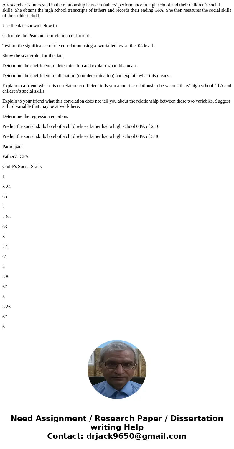 A researcher is interested in the relationship between fathers’ performance in high school and their children’s social skills. She obtains the high school trans A researcher is interested in the relationship between fathers’ performance in high school and their children’s social skills. She obtains the high school trans