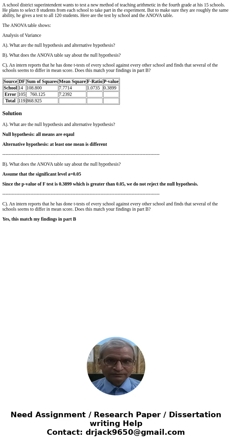 A school district superintendent wants to test a new method of teaching arithmetic in the fourth grade at his 15 schools. He plans to select 8 students from eac A school district superintendent wants to test a new method of teaching arithmetic in the fourth grade at his 15 schools. He plans to select 8 students from eac