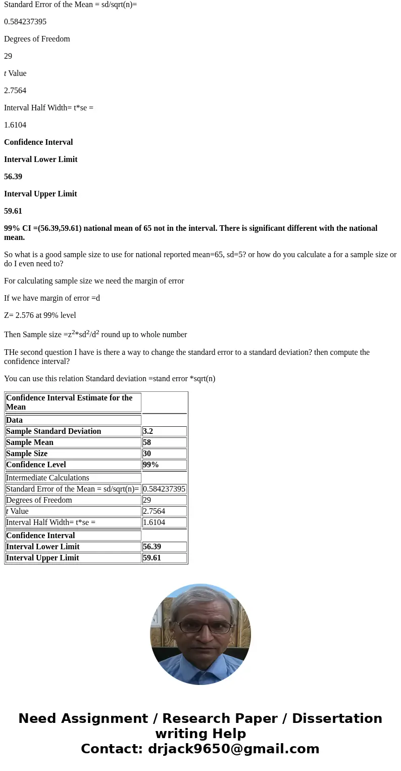 A standardized test is used to assess the students knowledge (national reported mean=65, sd=5). A sample of 30 students are tested (sample mean=58, standard err
