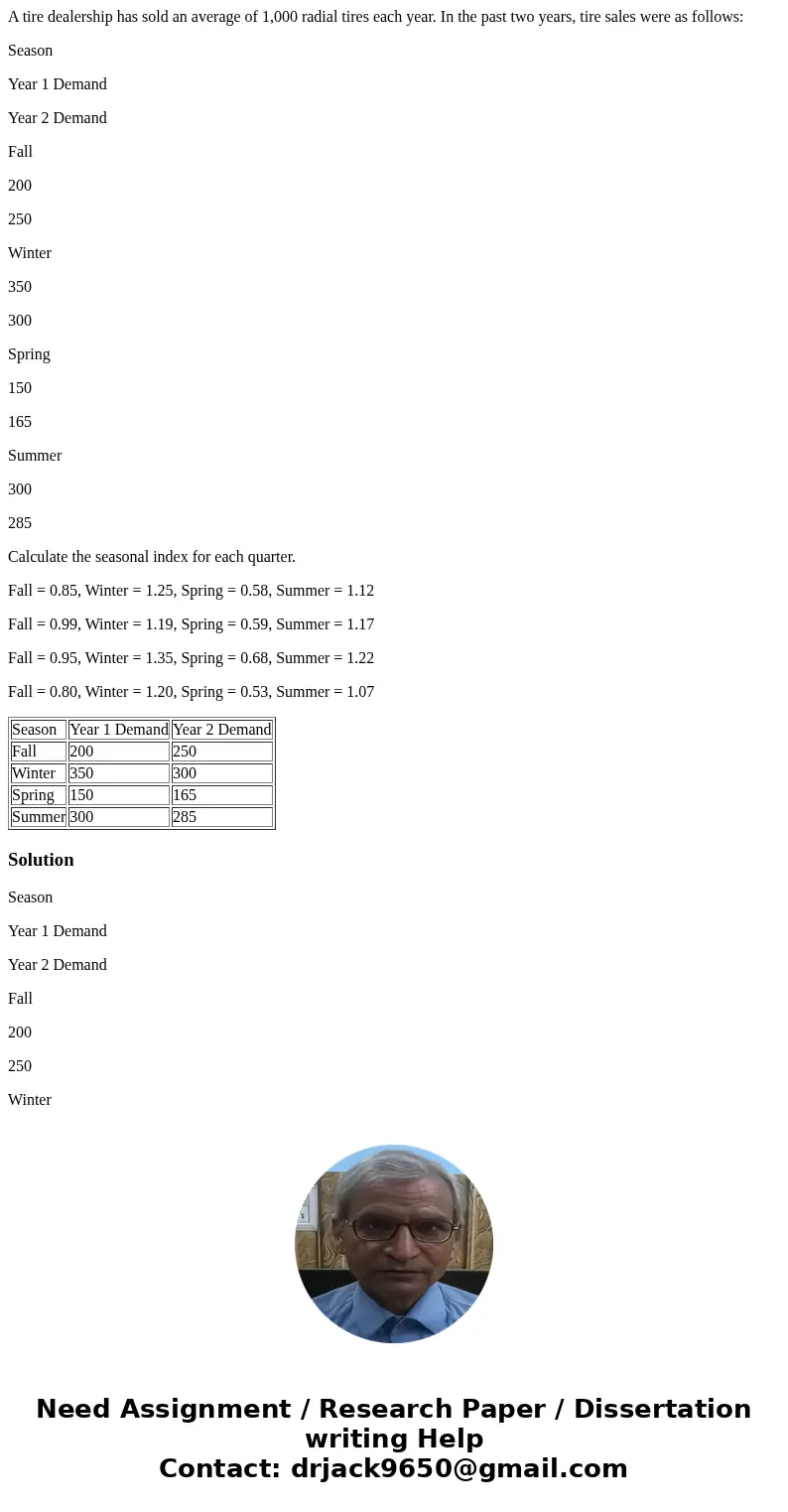 A tire dealership has sold an average of 1,000 radial tires each year. In the past two years, tire sales were as follows: Season Year 1 Demand Year 2 Demand Fal