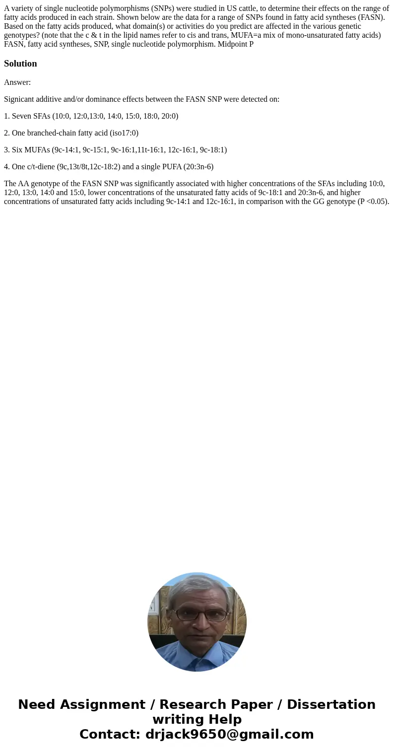 A variety of single nucleotide polymorphisms (SNPs) were studied in US cattle, to determine their effects on the range of fatty acids produced in each strain.   A variety of single nucleotide polymorphisms (SNPs) were studied in US cattle, to determine their effects on the range of fatty acids produced in each strain.