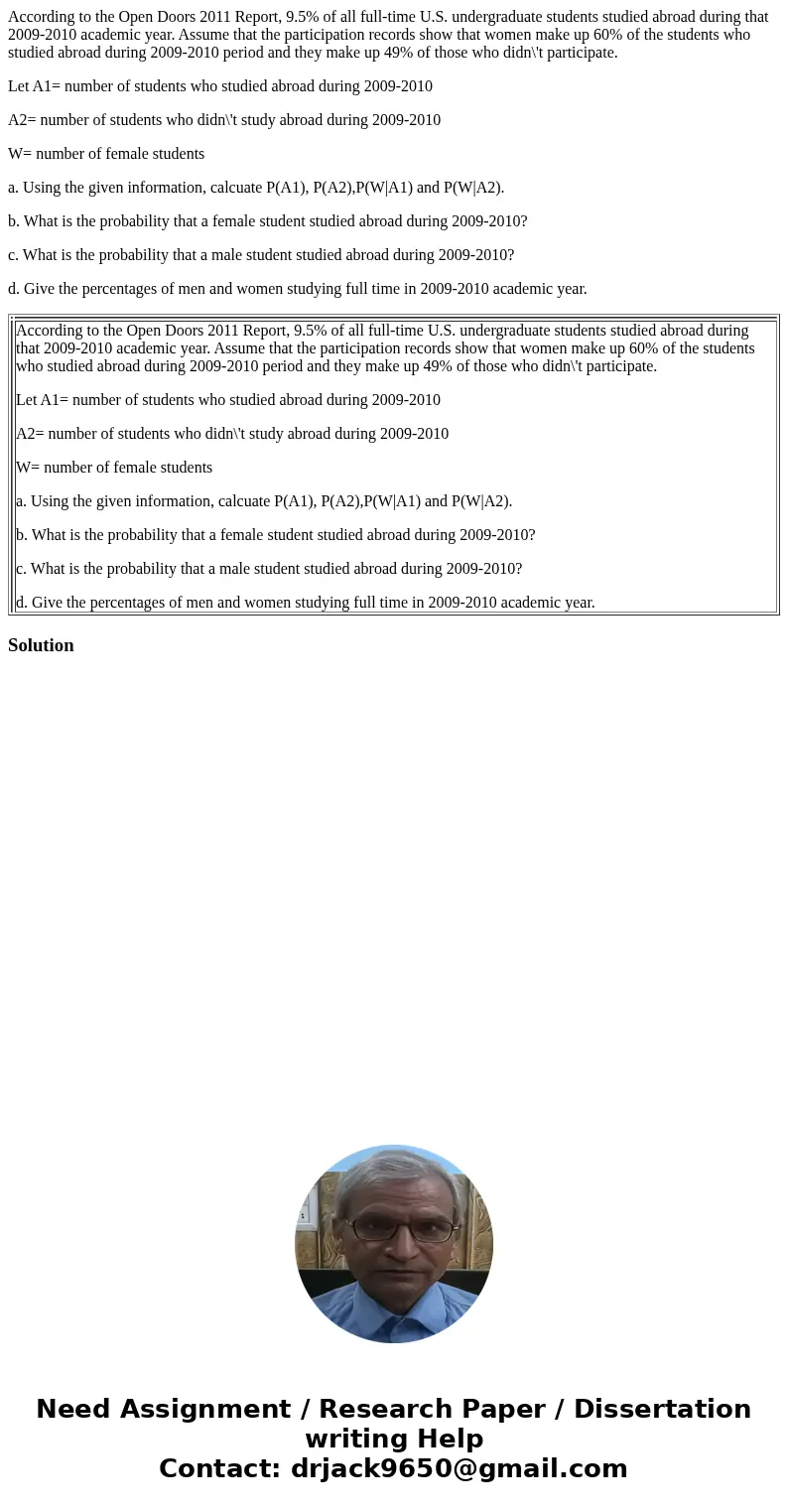 According to the Open Doors 2011 Report, 9.5% of all full-time U.S. undergraduate students studied abroad during that 2009-2010 academic year. Assume that the p