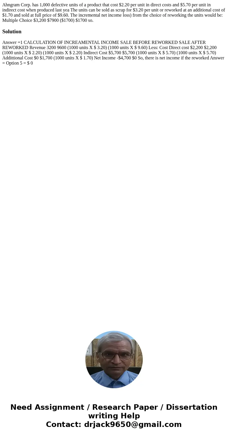 Ahngram Corp. has 1,000 defective units of a product that cost $2.20 per unit in direct costs and $5.70 per unit in indirect cost when produced last yea The un  Ahngram Corp. has 1,000 defective units of a product that cost $2.20 per unit in direct costs and $5.70 per unit in indirect cost when produced last yea The un