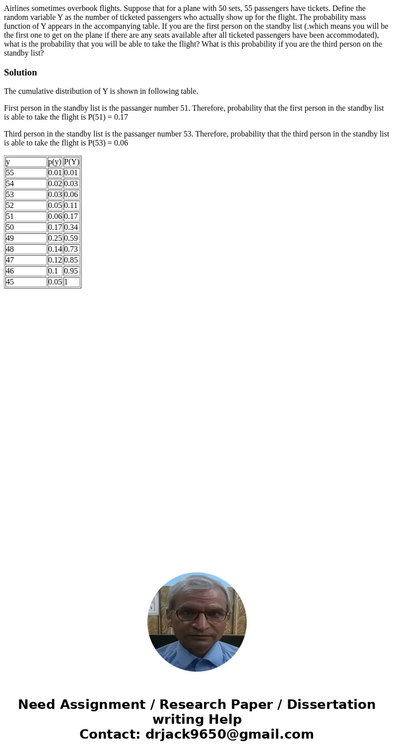 Airlines sometimes overbook flights. Suppose that for a plane with 50 sets, 55 passengers have tickets. Define the random variable Y as the number of ticketed   Airlines sometimes overbook flights. Suppose that for a plane with 50 sets, 55 passengers have tickets. Define the random variable Y as the number of ticketed