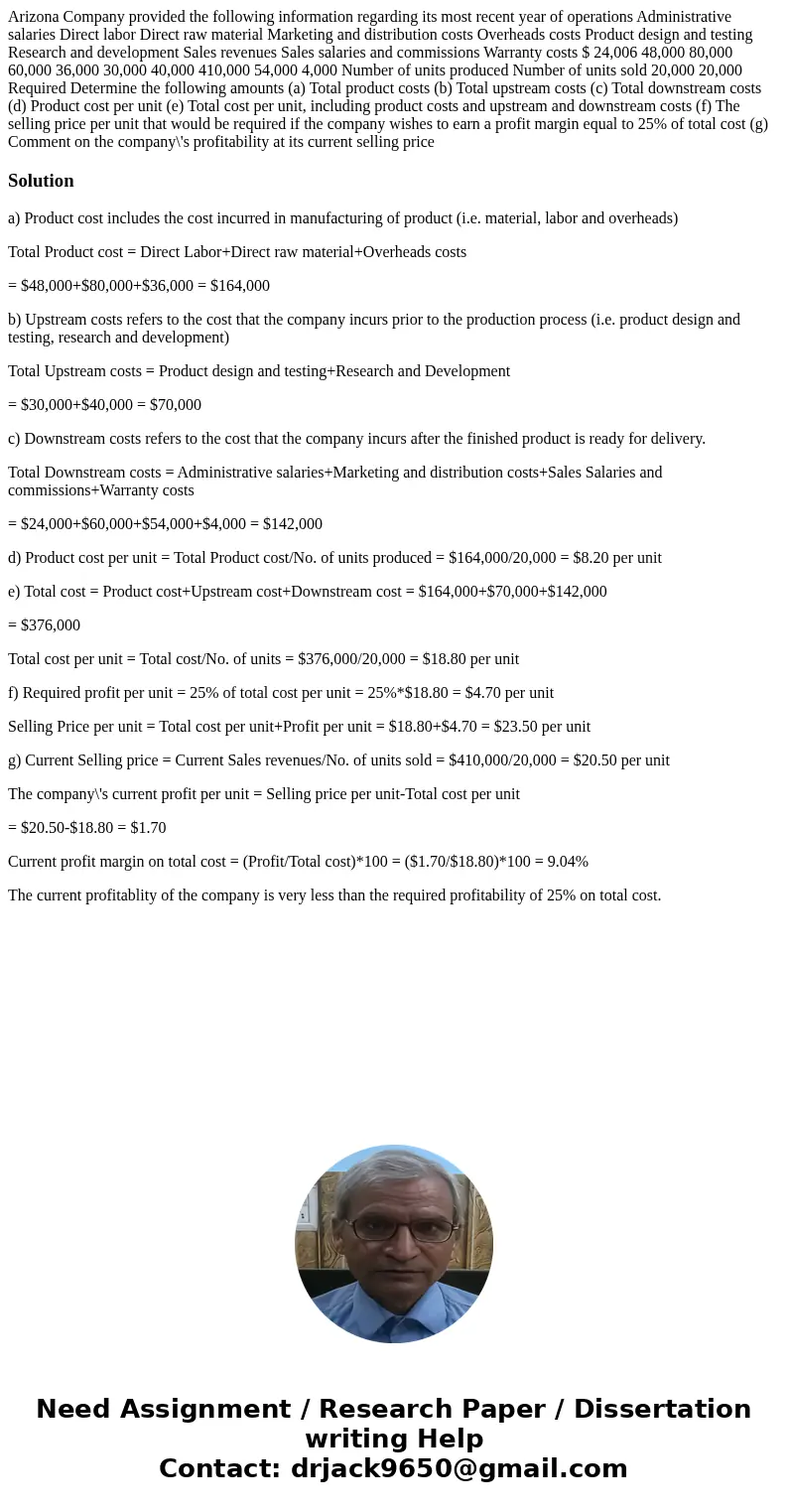 Arizona Company provided the following information regarding its most recent year of operations Administrative salaries Direct labor Direct raw material Market  Arizona Company provided the following information regarding its most recent year of operations Administrative salaries Direct labor Direct raw material Market
