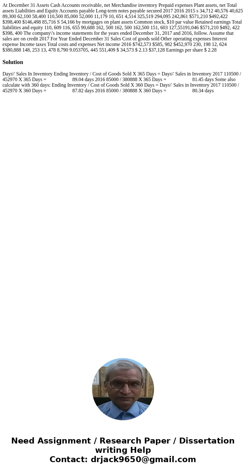 At December 31 Assets Cash Accounts receivable, net Merchandise inventory Prepaid expenses Plant assets, net Total assets Liabilities and Equity Accounts payab  At December 31 Assets Cash Accounts receivable, net Merchandise inventory Prepaid expenses Plant assets, net Total assets Liabilities and Equity Accounts payab