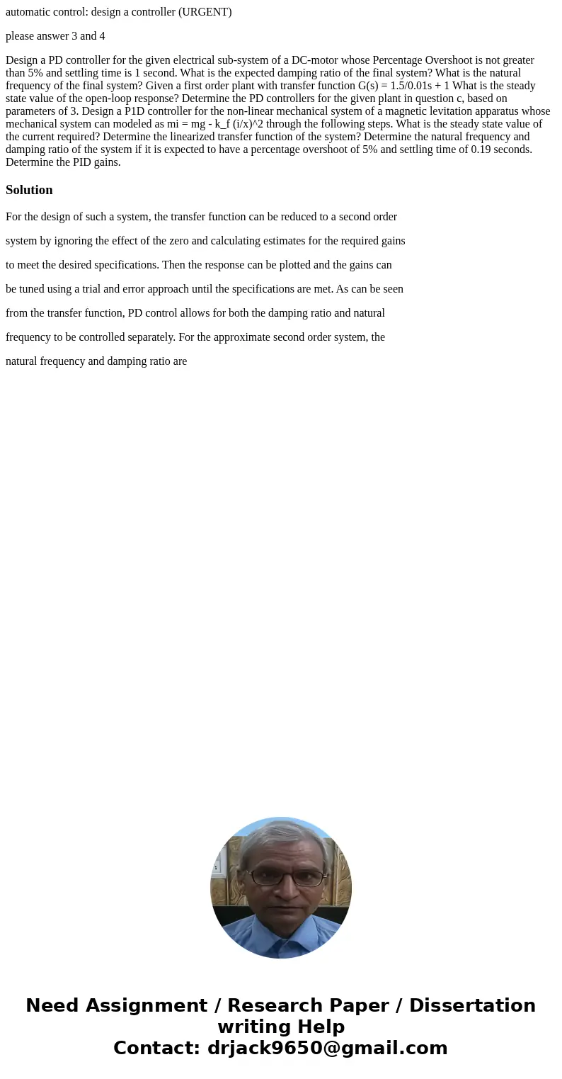 automatic control: design a controller (URGENT) please answer 3 and 4 Design a PD controller for the given electrical sub-system of a DC-motor whose Percentage  automatic control: design a controller (URGENT) please answer 3 and 4 Design a PD controller for the given electrical sub-system of a DC-motor whose Percentage