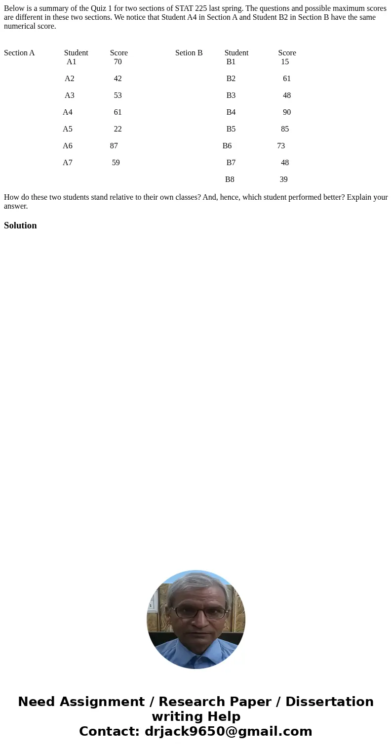 Below is a summary of the Quiz 1 for two sections of STAT 225 last spring. The questions and possible maximum scores are different in these two sections. We not Below is a summary of the Quiz 1 for two sections of STAT 225 last spring. The questions and possible maximum scores are different in these two sections. We not