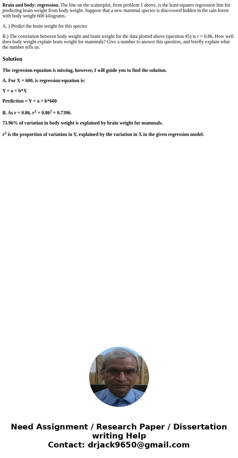 Brain and body: regression. The line on the scatterplot, from problem 1 above, is the least-squares regression line for predicting brain weight from body weight Brain and body: regression. The line on the scatterplot, from problem 1 above, is the least-squares regression line for predicting brain weight from body weight