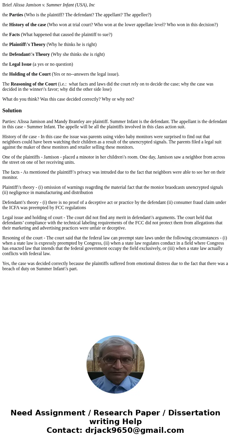 Brief Alissa Jamison v. Summer Infant (USA), Inc the Parties (Who is the plaintiff? The defendant? The appellant? The appellee?) the History of the case (Who wo Brief Alissa Jamison v. Summer Infant (USA), Inc the Parties (Who is the plaintiff? The defendant? The appellant? The appellee?) the History of the case (Who wo