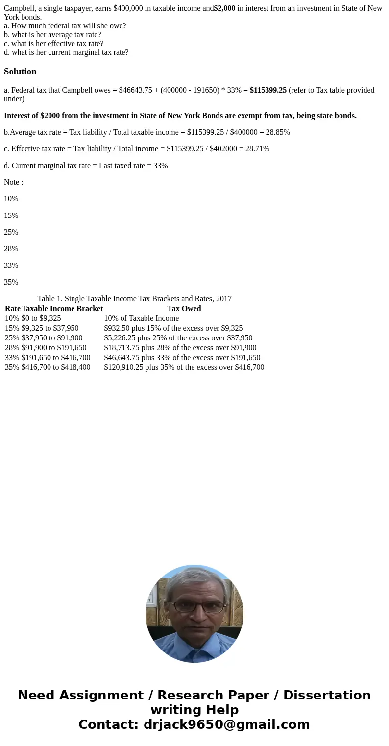 Campbell, a single taxpayer, earns $400,000 in taxable income and$2,000 in interest from an investment in State of New York bonds. a. How much federal tax will  Campbell, a single taxpayer, earns $400,000 in taxable income and$2,000 in interest from an investment in State of New York bonds. a. How much federal tax will