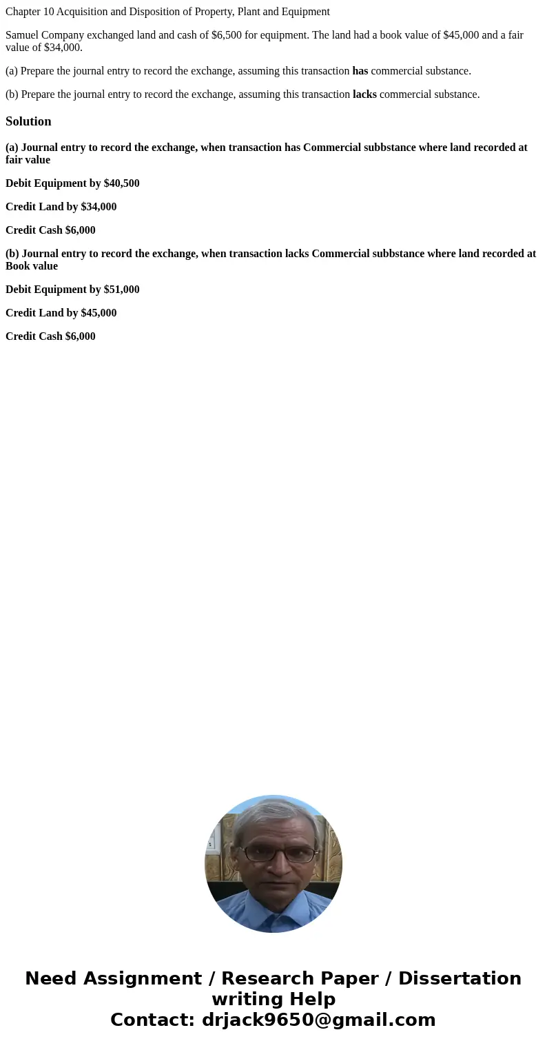 Chapter 10 Acquisition and Disposition of Property, Plant and Equipment Samuel Company exchanged land and cash of $6,500 for equipment. The land had a book valu Chapter 10 Acquisition and Disposition of Property, Plant and Equipment Samuel Company exchanged land and cash of $6,500 for equipment. The land had a book valu