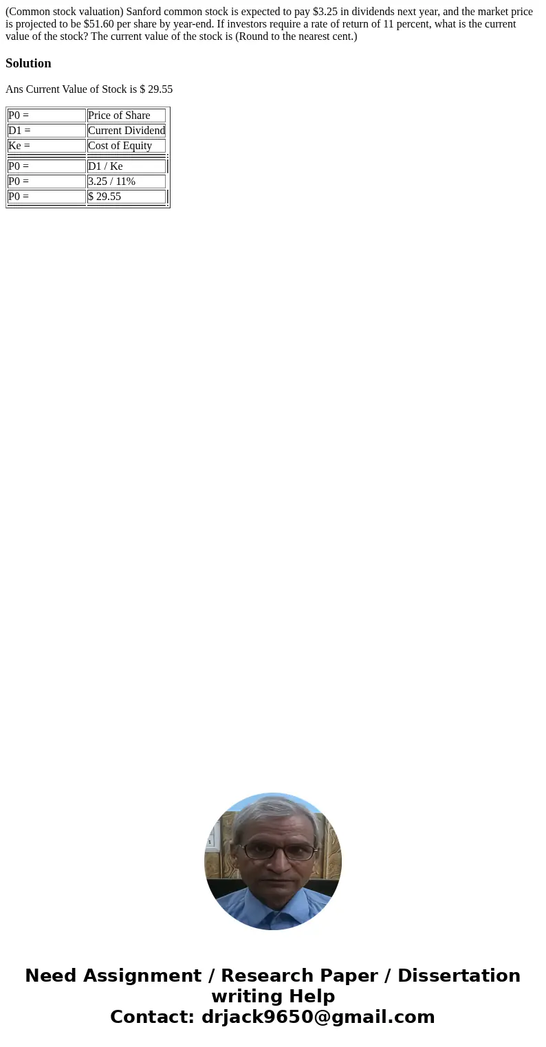  (Common stock valuation) Sanford common stock is expected to pay $3.25 in dividends next year, and the market price is projected to be $51.60 per share by year