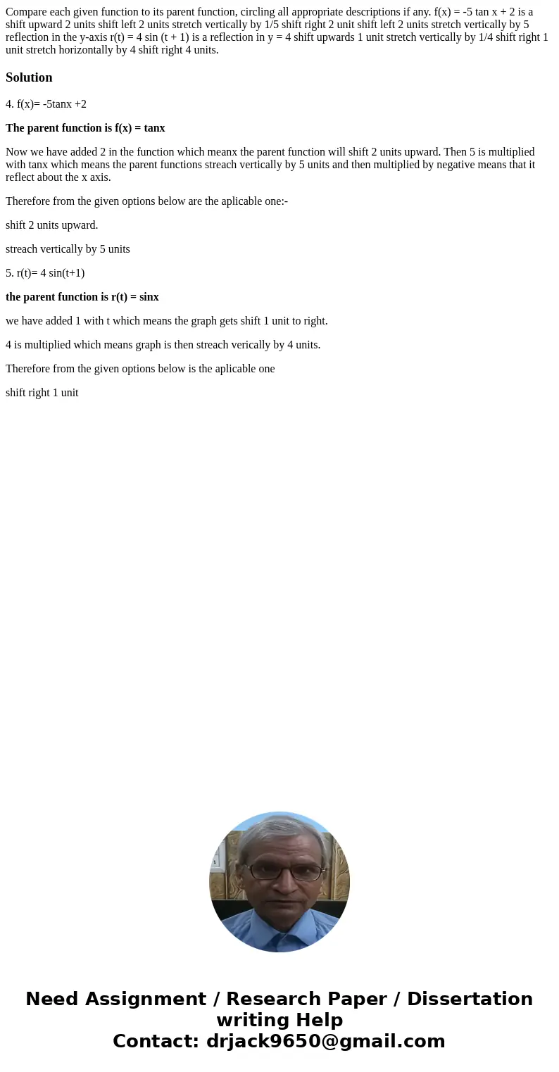 Compare each given function to its parent function, circling all appropriate descriptions if any. f(x) = -5 tan x + 2 is a shift upward 2 units shift left 2 un  Compare each given function to its parent function, circling all appropriate descriptions if any. f(x) = -5 tan x + 2 is a shift upward 2 units shift left 2 un