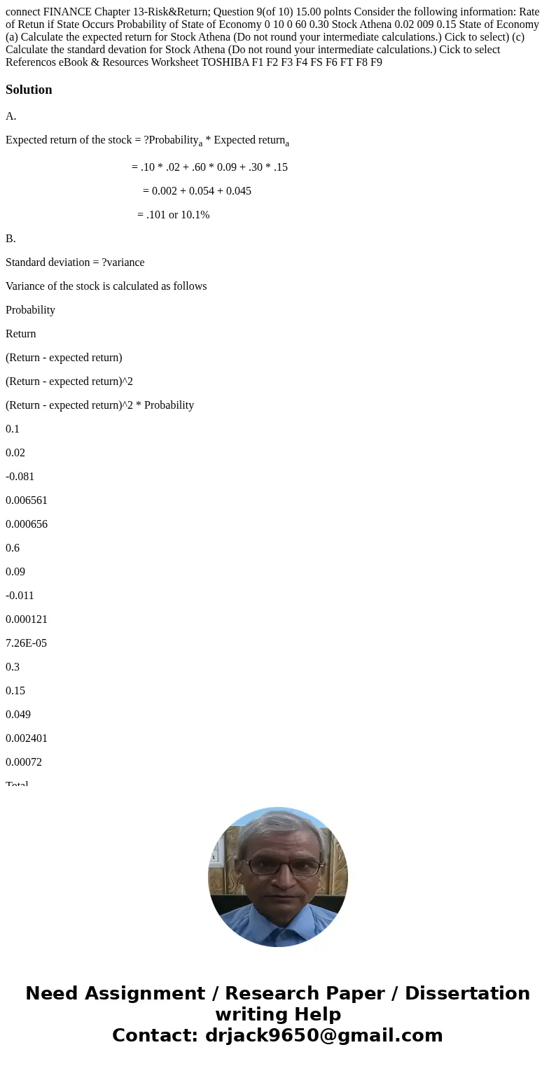 connect FINANCE Chapter 13-Risk&Return; Question 9(of 10) 15.00 polnts Consider the following information: Rate of Retun if State Occurs Probability of Sta  connect FINANCE Chapter 13-Risk&Return; Question 9(of 10) 15.00 polnts Consider the following information: Rate of Retun if State Occurs Probability of Sta