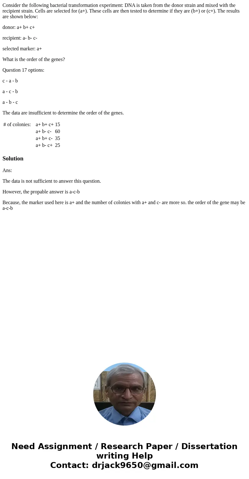 Consider the following bacterial transformation experiment: DNA is taken from the donor strain and mixed with the recipient strain. Cells are selected for (a+). Consider the following bacterial transformation experiment: DNA is taken from the donor strain and mixed with the recipient strain. Cells are selected for (a+).