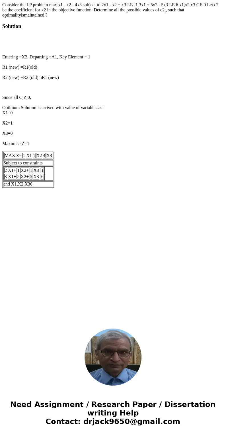  Consider the LP problem max x1 - x2 - 4x3 subject to 2x1 - x2 + x3 LE -1 3x1 + 5x2 - 5x3 LE 6 x1,x2,x3 GE 0 Let c2 be the coefficient for x2 in the objective f