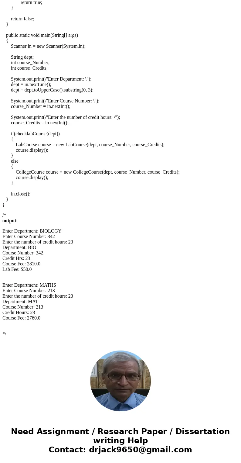 Create a class named College Course that includes data fields that hold the department (for example, ENG), the course number (for example, 101), the credits (fo Create a class named College Course that includes data fields that hold the department (for example, ENG), the course number (for example, 101), the credits (fo
