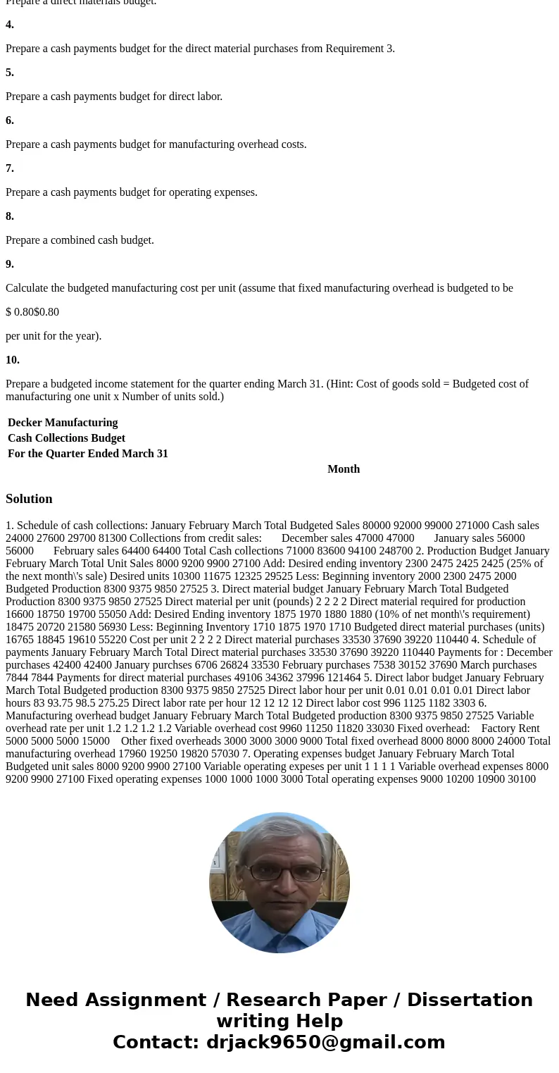 Decker Manufacturing is preparing its master budget for the first quarter of the upcoming year. The following data pertain to Decker Manufacturing\'s operations