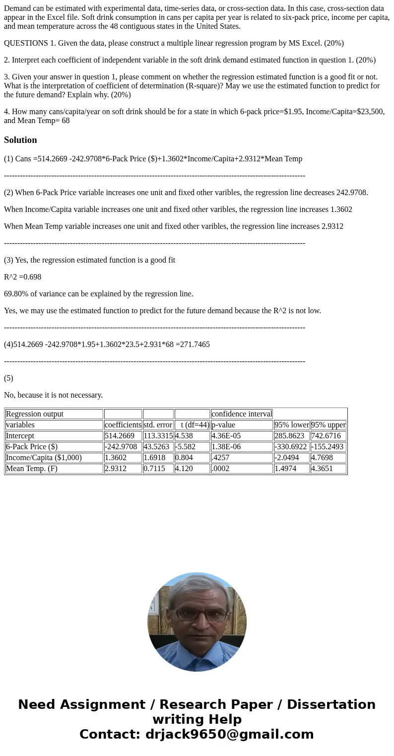 Demand can be estimated with experimental data, time-series data, or cross-section data. In this case, cross-section data appear in the Excel file. Soft drink c