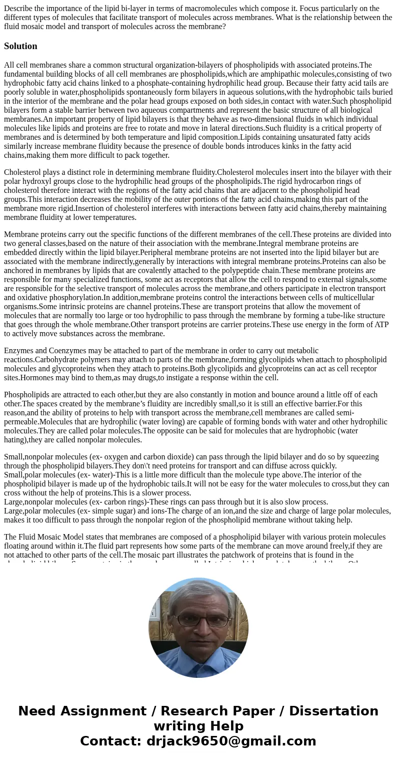 Describe the importance of the lipid bi-layer in terms of macromolecules which compose it. Focus particularly on the different types of molecules that facilitat Describe the importance of the lipid bi-layer in terms of macromolecules which compose it. Focus particularly on the different types of molecules that facilitat