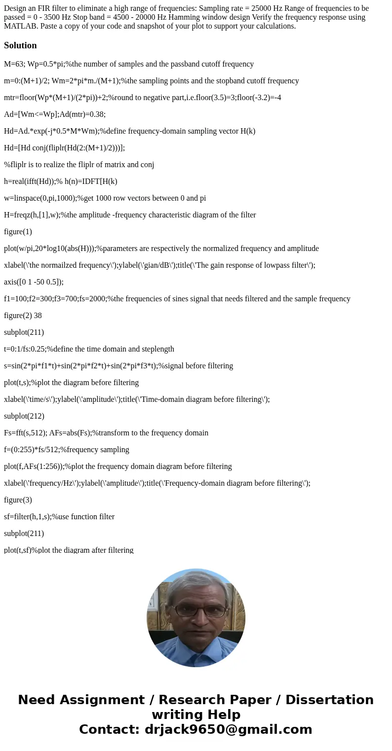 Design an FIR filter to eliminate a high range of frequencies: Sampling rate = 25000 Hz Range of frequencies to be passed = 0 - 3500 Hz Stop band = 4500 - 2000  Design an FIR filter to eliminate a high range of frequencies: Sampling rate = 25000 Hz Range of frequencies to be passed = 0 - 3500 Hz Stop band = 4500 - 2000