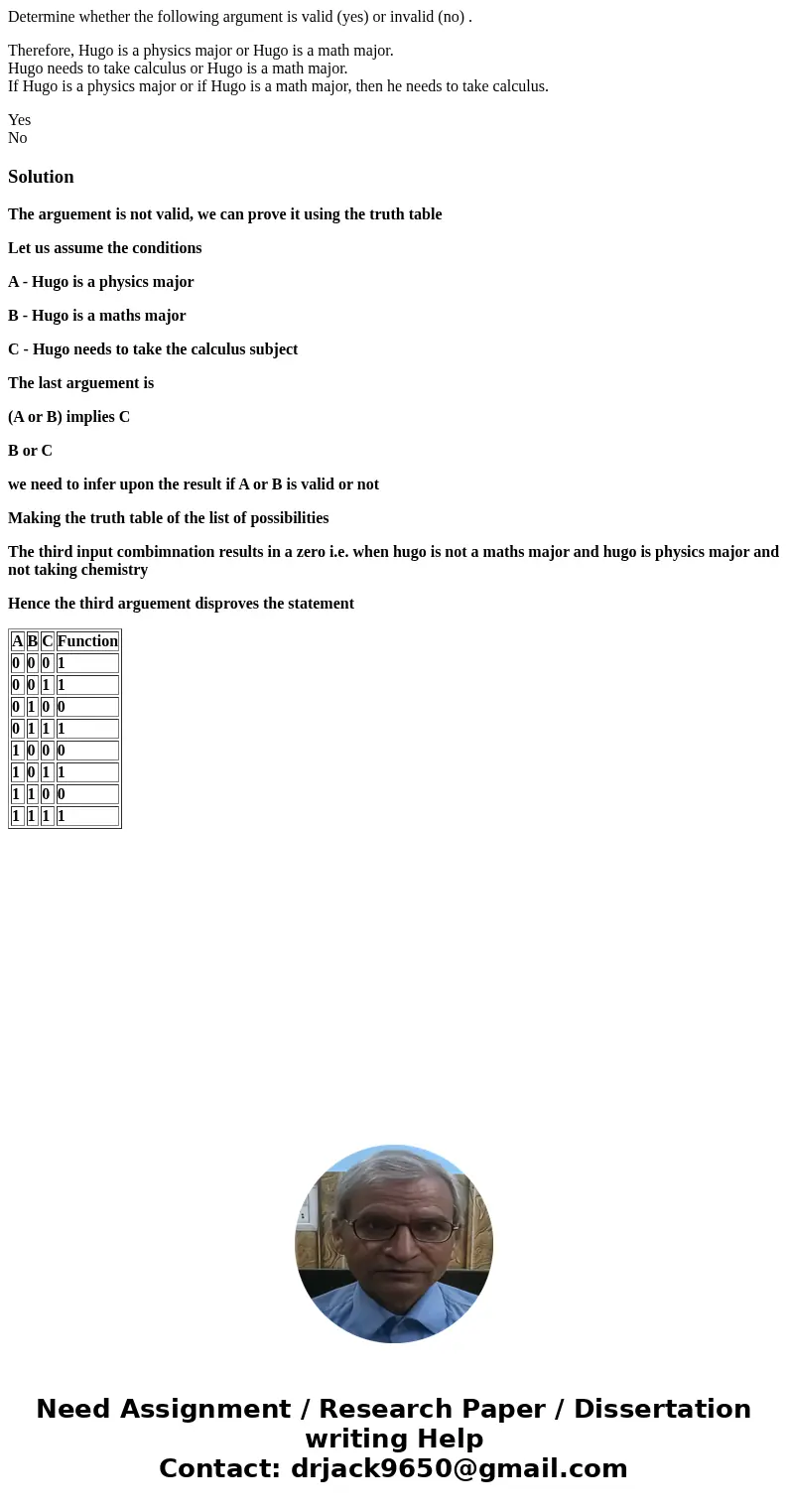 Determine whether the following argument is valid (yes) or invalid (no) . Therefore, Hugo is a physics major or Hugo is a math major. Hugo needs to take calculu Determine whether the following argument is valid (yes) or invalid (no) . Therefore, Hugo is a physics major or Hugo is a math major. Hugo needs to take calculu