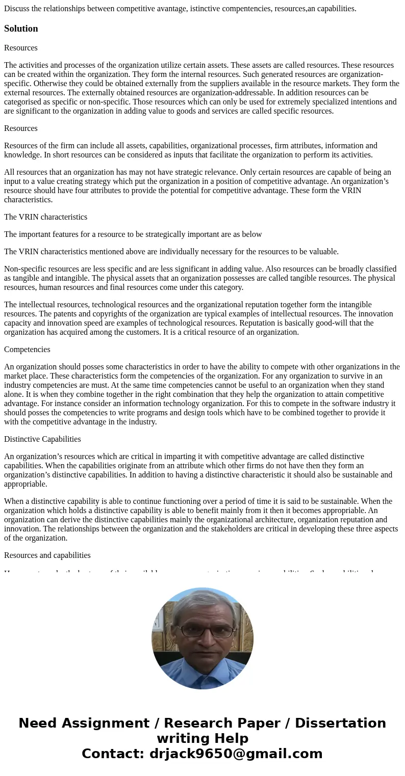 Discuss the relationships between competitive avantage, istinctive compentencies, resources,an capabilities.SolutionResources The activities and processes of th Discuss the relationships between competitive avantage, istinctive compentencies, resources,an capabilities.SolutionResources The activities and processes of th