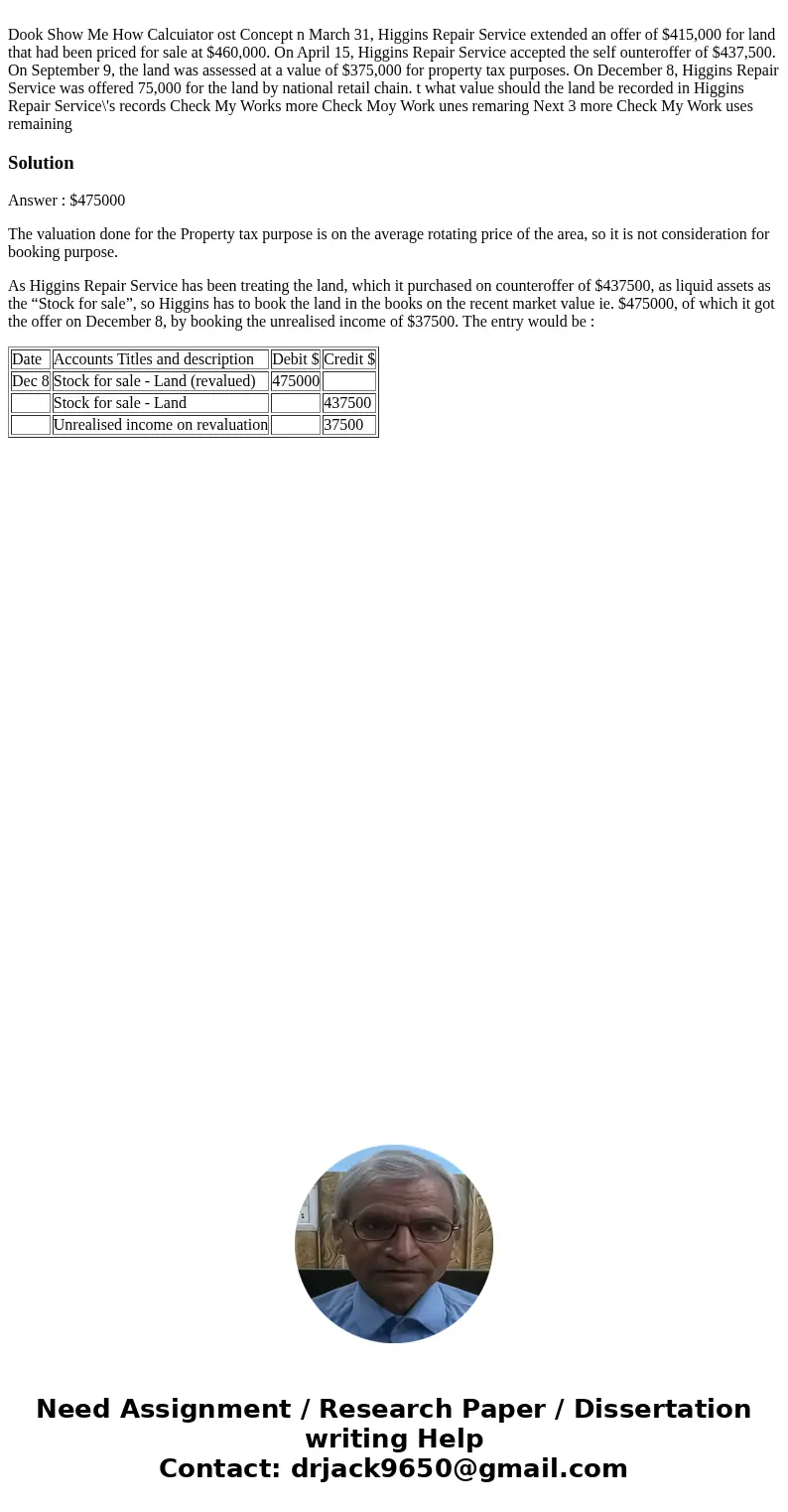 Dook Show Me How Calcuiator ost Concept n March 31, Higgins Repair Service extended an offer of $415,000 for land that had been priced for sale at $460,000. On  Dook Show Me How Calcuiator ost Concept n March 31, Higgins Repair Service extended an offer of $415,000 for land that had been priced for sale at $460,000. On