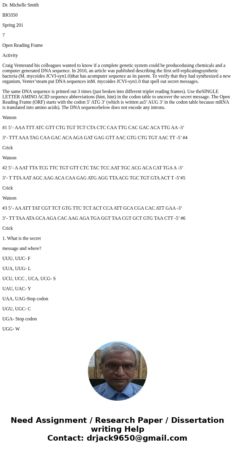 Dr. Michelle Smith BIO350 Spring 201 7 Open Reading Frame Activity Craig Venterand his colleagues wanted to know if a complete genetic system could be producedu Dr. Michelle Smith BIO350 Spring 201 7 Open Reading Frame Activity Craig Venterand his colleagues wanted to know if a complete genetic system could be producedu