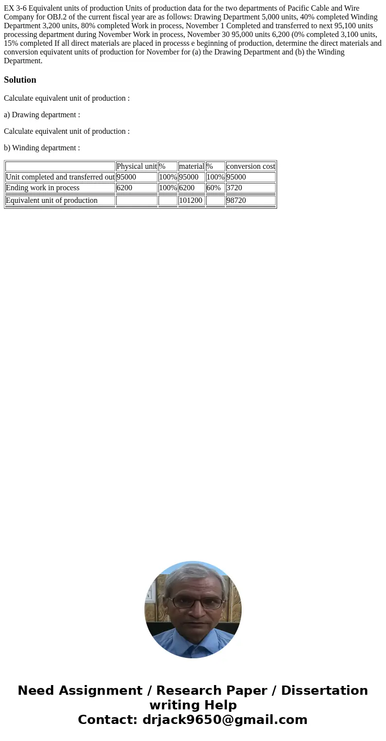 EX 3-6 Equivalent units of production Units of production data for the two departments of Pacific Cable and Wire Company for OBJ.2 of the current fiscal year a  EX 3-6 Equivalent units of production Units of production data for the two departments of Pacific Cable and Wire Company for OBJ.2 of the current fiscal year a