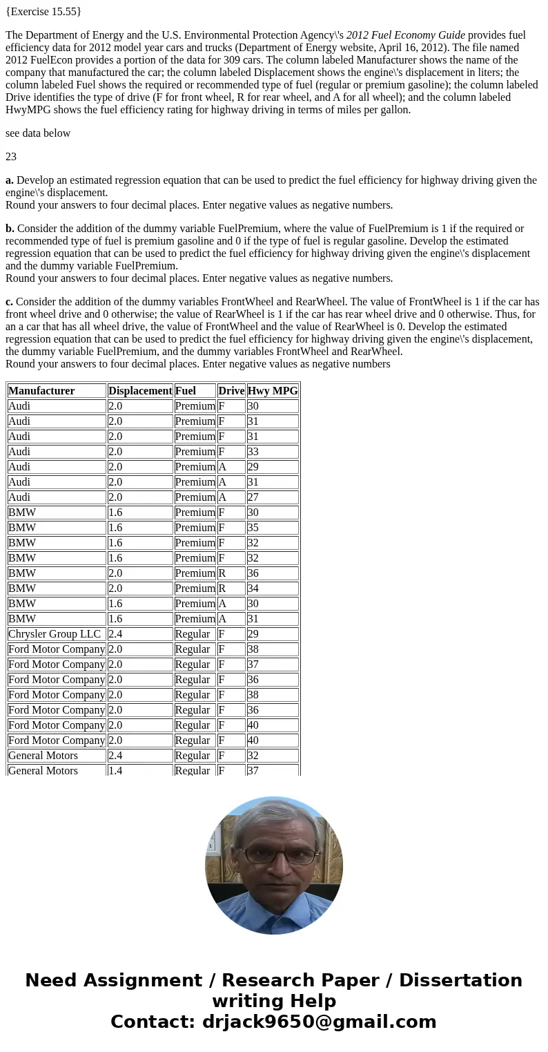 {Exercise 15.55} The Department of Energy and the U.S. Environmental Protection Agency\'s 2012 Fuel Economy Guide provides fuel efficiency data for 2012 model y {Exercise 15.55} The Department of Energy and the U.S. Environmental Protection Agency\'s 2012 Fuel Economy Guide provides fuel efficiency data for 2012 model y