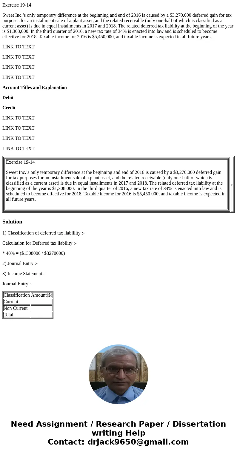 Exercise 19-14 Sweet Inc.’s only temporary difference at the beginning and end of 2016 is caused by a $3,270,000 deferred gain for tax purposes for an installme