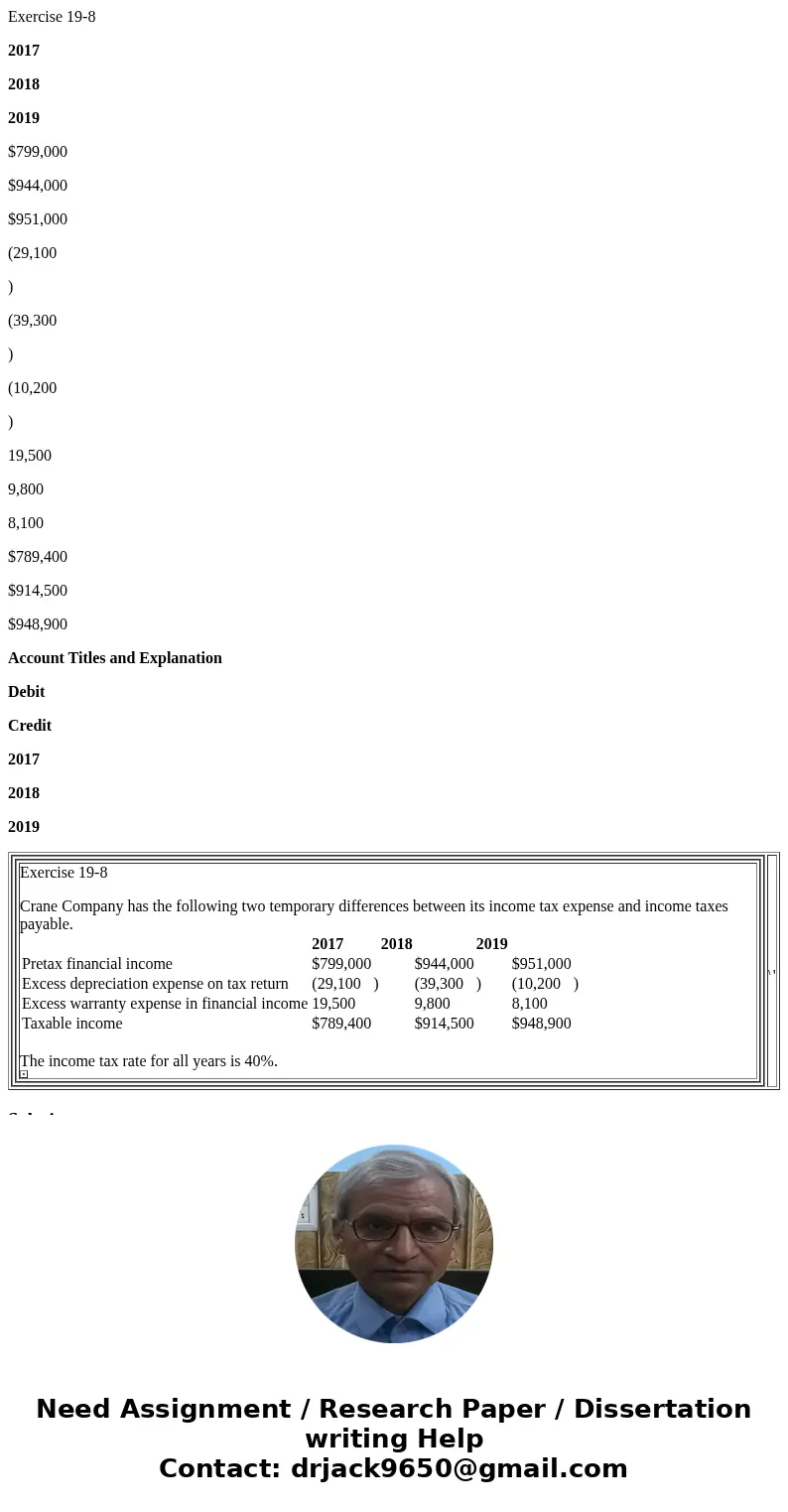 Exercise 19-8 2017 2018 2019 $799,000 $944,000 $951,000 (29,100 ) (39,300 ) (10,200 ) 19,500 9,800 8,100 $789,400 $914,500 $948,900 Account Titles and Explanati