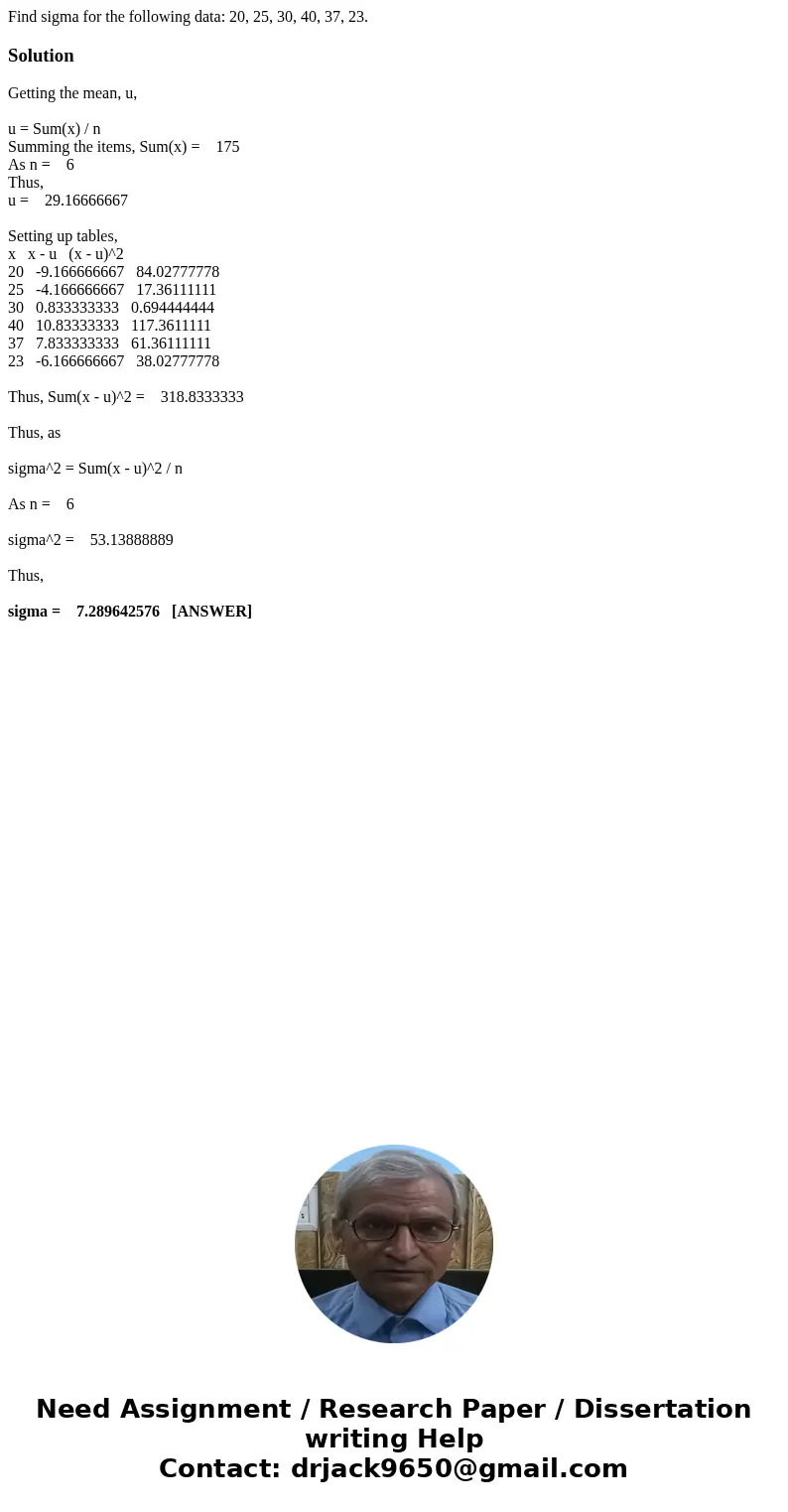 Find sigma for the following data: 20, 25, 30, 40, 37, 23.SolutionGetting the mean, u, u = Sum(x) / n Summing the items, Sum(x) = 175 As n = 6 Thus, u = 29.1666 Find sigma for the following data: 20, 25, 30, 40, 37, 23.SolutionGetting the mean, u, u = Sum(x) / n Summing the items, Sum(x) = 175 As n = 6 Thus, u = 29.1666