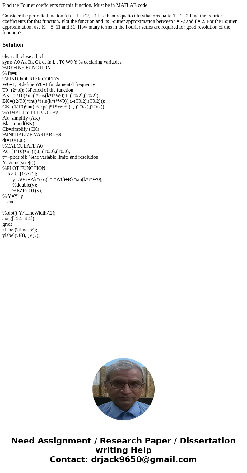 Find the Fourier coeffcients for this function. Must be in MATLAB code Consider the periodic function f(t) = 1 - t^2, - 1 lessthanorequalto t lessthanorequalto  Find the Fourier coeffcients for this function. Must be in MATLAB code Consider the periodic function f(t) = 1 - t^2, - 1 lessthanorequalto t lessthanorequalto