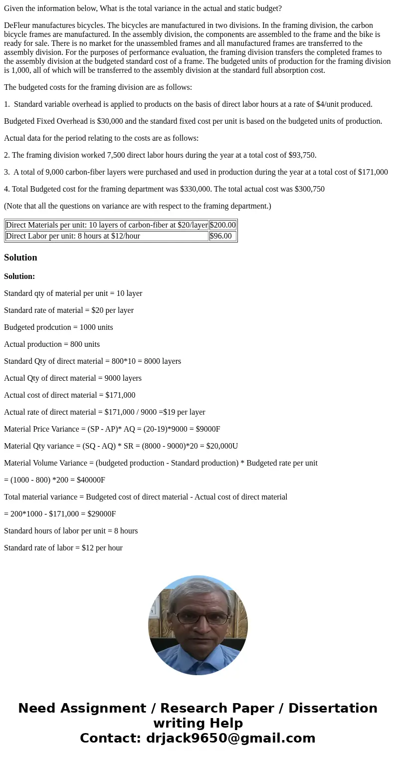 Given the information below, What is the total variance in the actual and static budget? DeFleur manufactures bicycles. The bicycles are manufactured in two div Given the information below, What is the total variance in the actual and static budget? DeFleur manufactures bicycles. The bicycles are manufactured in two div