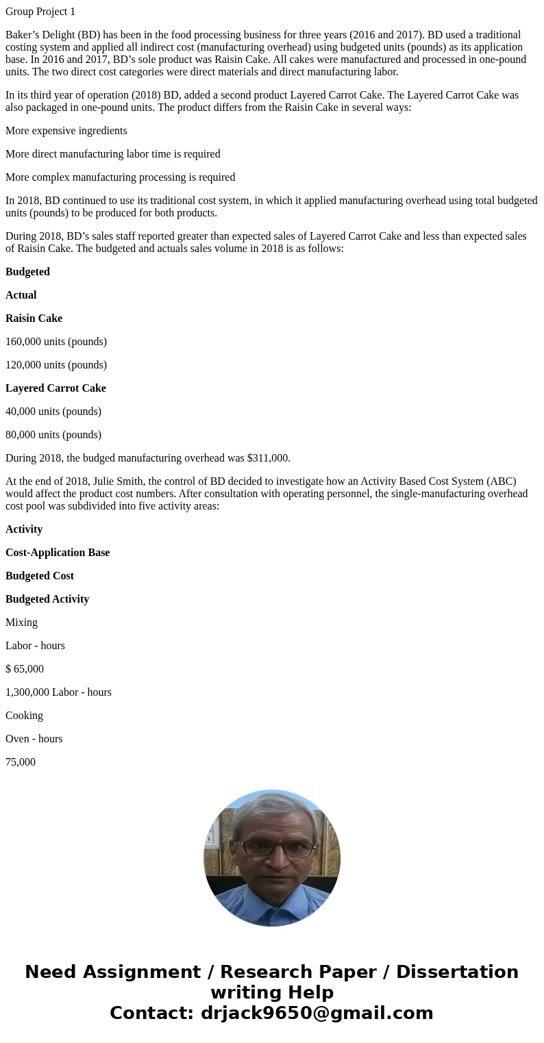 Group Project 1 Baker’s Delight (BD) has been in the food processing business for three years (2016 and 2017). BD used a traditional costing system and applied  Group Project 1 Baker’s Delight (BD) has been in the food processing business for three years (2016 and 2017). BD used a traditional costing system and applied