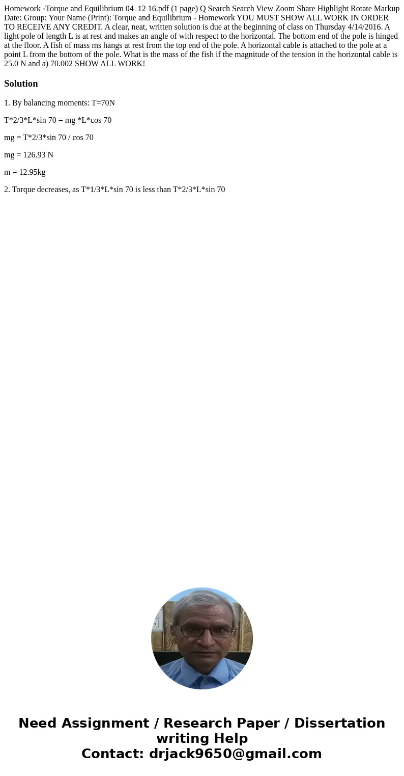 Homework -Torque and Equilibrium 04_12 16.pdf (1 page) Q Search Search View Zoom Share Highlight Rotate Markup Date: Group: Your Name (Print): Torque and Equil  Homework -Torque and Equilibrium 04_12 16.pdf (1 page) Q Search Search View Zoom Share Highlight Rotate Markup Date: Group: Your Name (Print): Torque and Equil