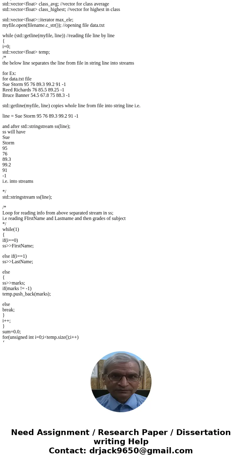 **IN C++ ONLY** The file data.txt holds the names and grades for the students in a math class. Your C++ program will calculate and display the average for each 