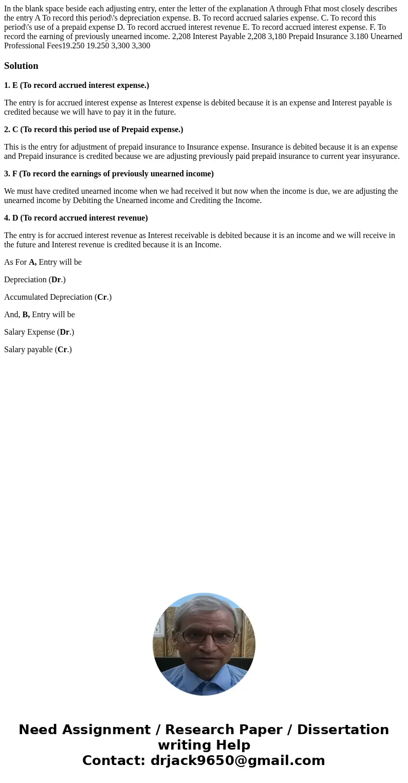 In the blank space beside each adjusting entry, enter the letter of the explanation A through Fthat most closely describes the entry A To record this period\'s  In the blank space beside each adjusting entry, enter the letter of the explanation A through Fthat most closely describes the entry A To record this period\'s