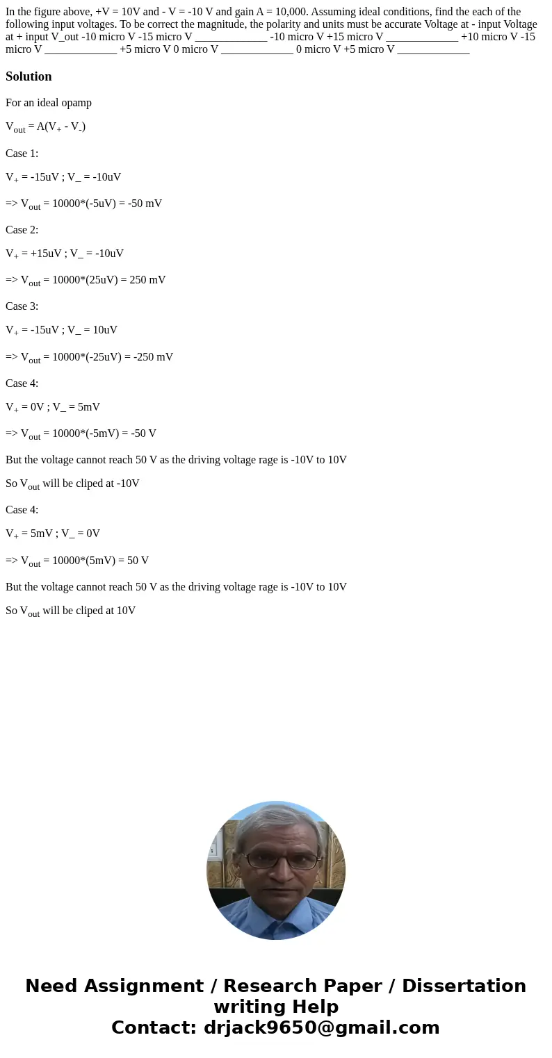 In the figure above, +V = 10V and - V = -10 V and gain A = 10,000. Assuming ideal conditions, find the each of the following input voltages. To be correct the   In the figure above, +V = 10V and - V = -10 V and gain A = 10,000. Assuming ideal conditions, find the each of the following input voltages. To be correct the