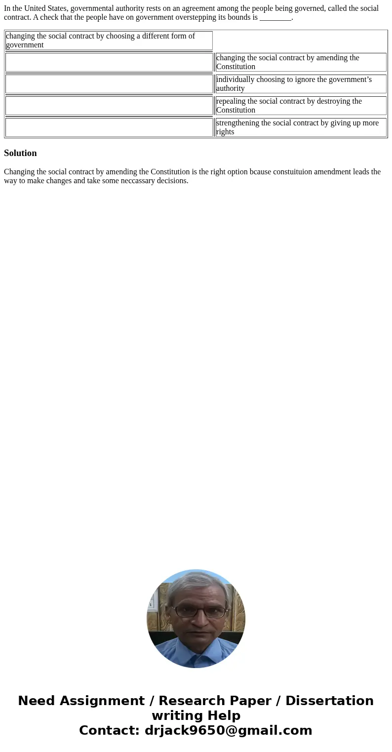 In the United States, governmental authority rests on an agreement among the people being governed, called the social contract. A check that the people have on 